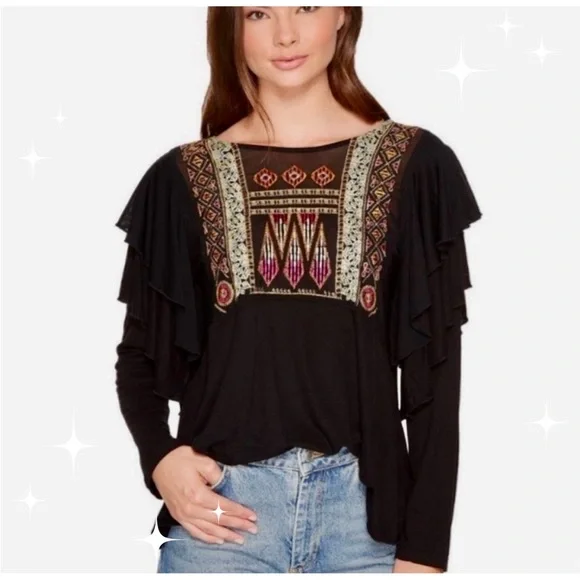 NWOT! Free People La Cienega Embroidered Ruffle Black Top! - Picture 4 of 8